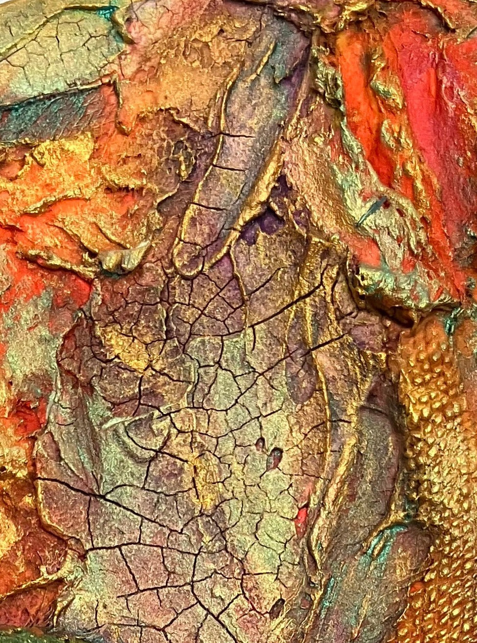 ATapestryofRoses sculpted flowers on a round canvas artwork by Aferdita Fazliu Drozt, Bromley based mixed media artist and tutor