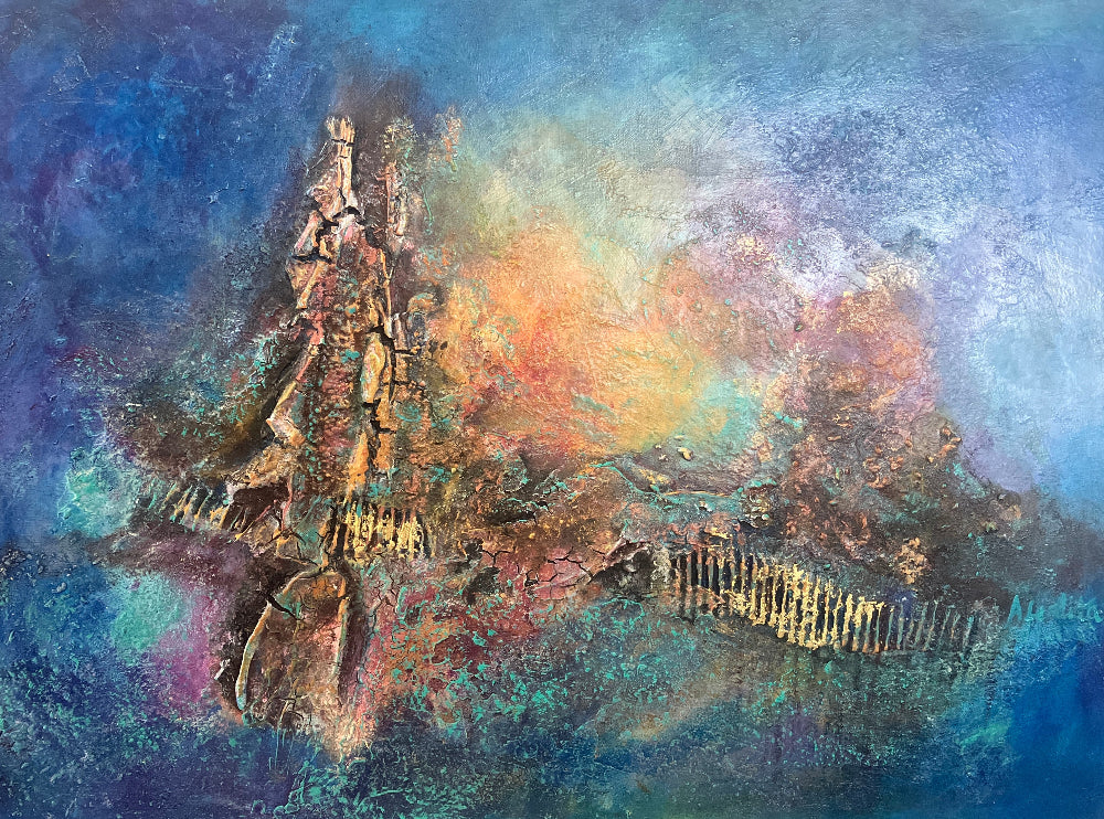 mixed media textured abstract blue turquoise background with orange red /gold focal point and highlights