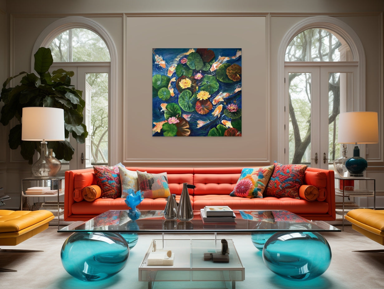 orange and pink waterlilies and koi fish original oil painting by aferdita fazliu drozd