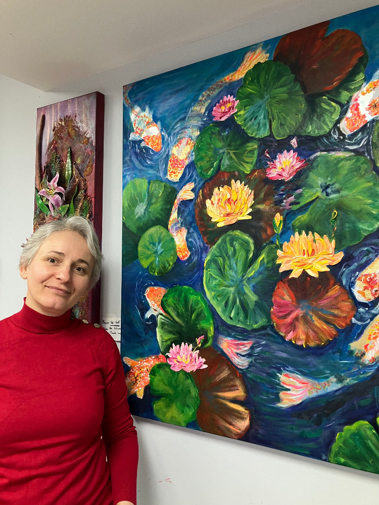 orange and pink waterlilies and koi fish original oil painting by aferdita fazliu drozd