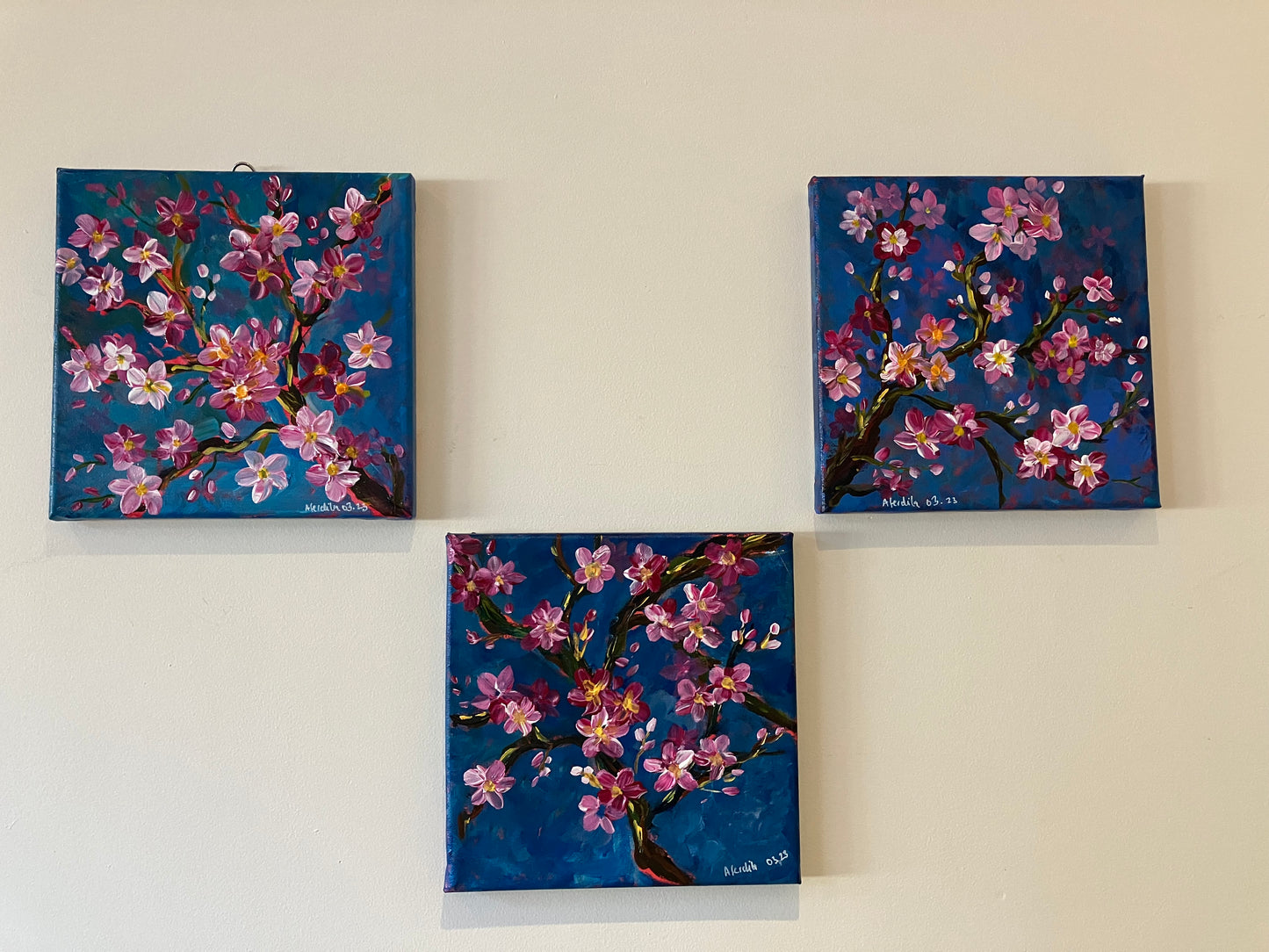 Chery Blossom triptych - Mixed Media Wave Painting (SOLD)