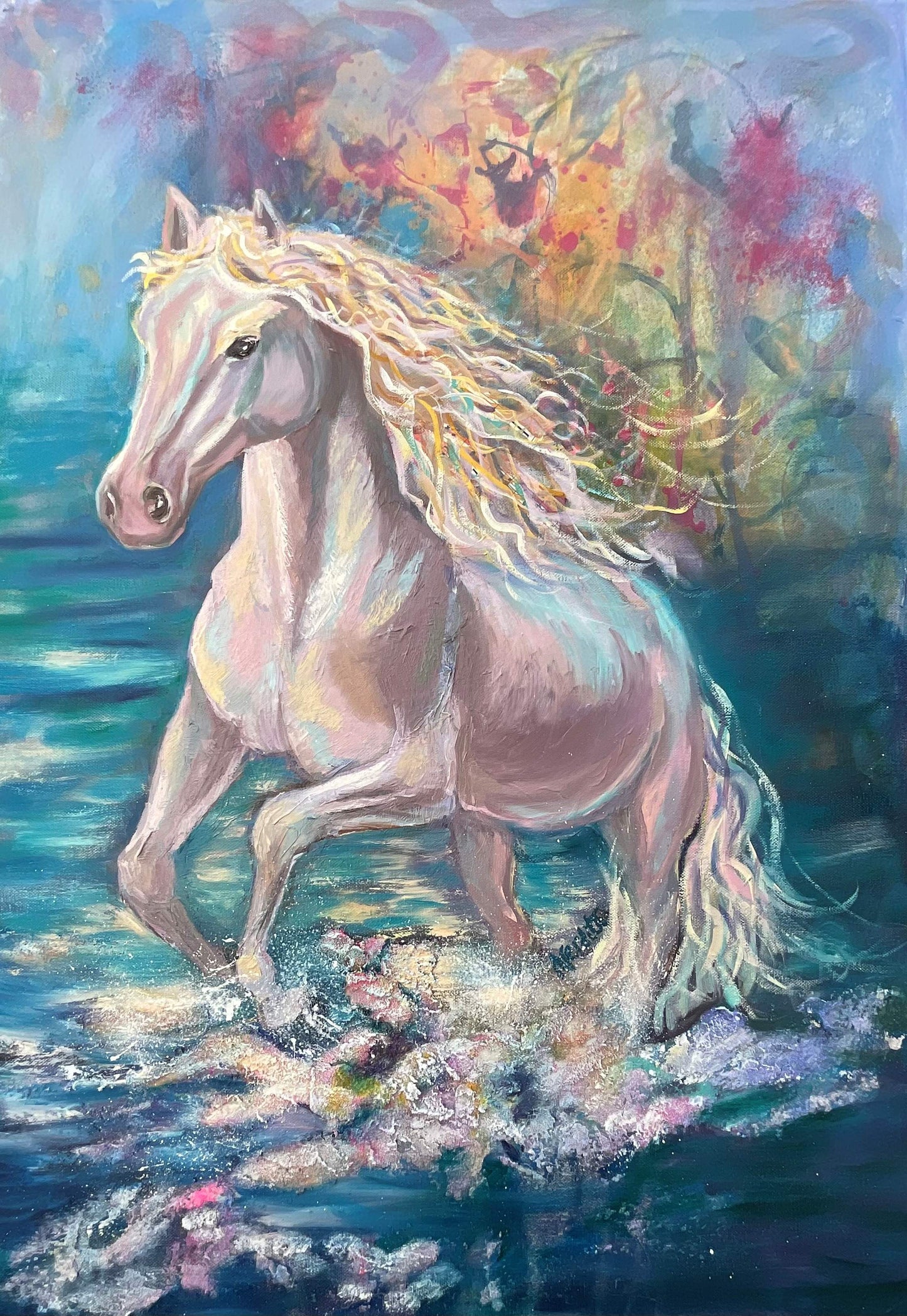 White horse running on the water oil painting