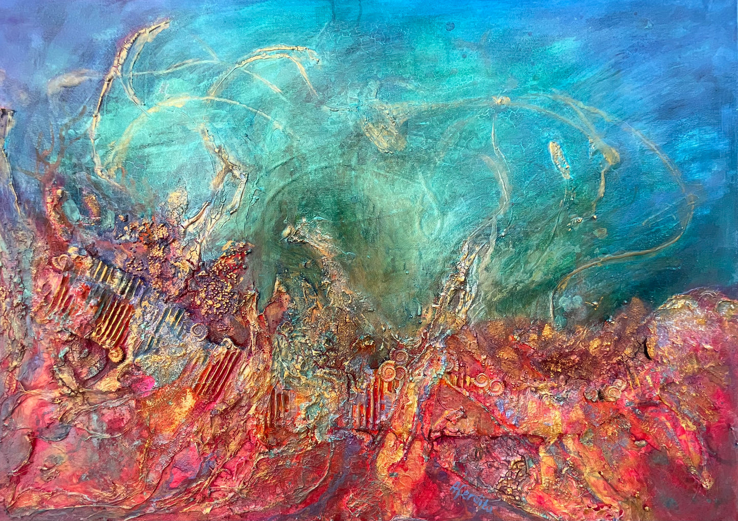 Fragments_of_light mixed media by Aferdita fazliu -drozd with blues teal oranges reds and golds