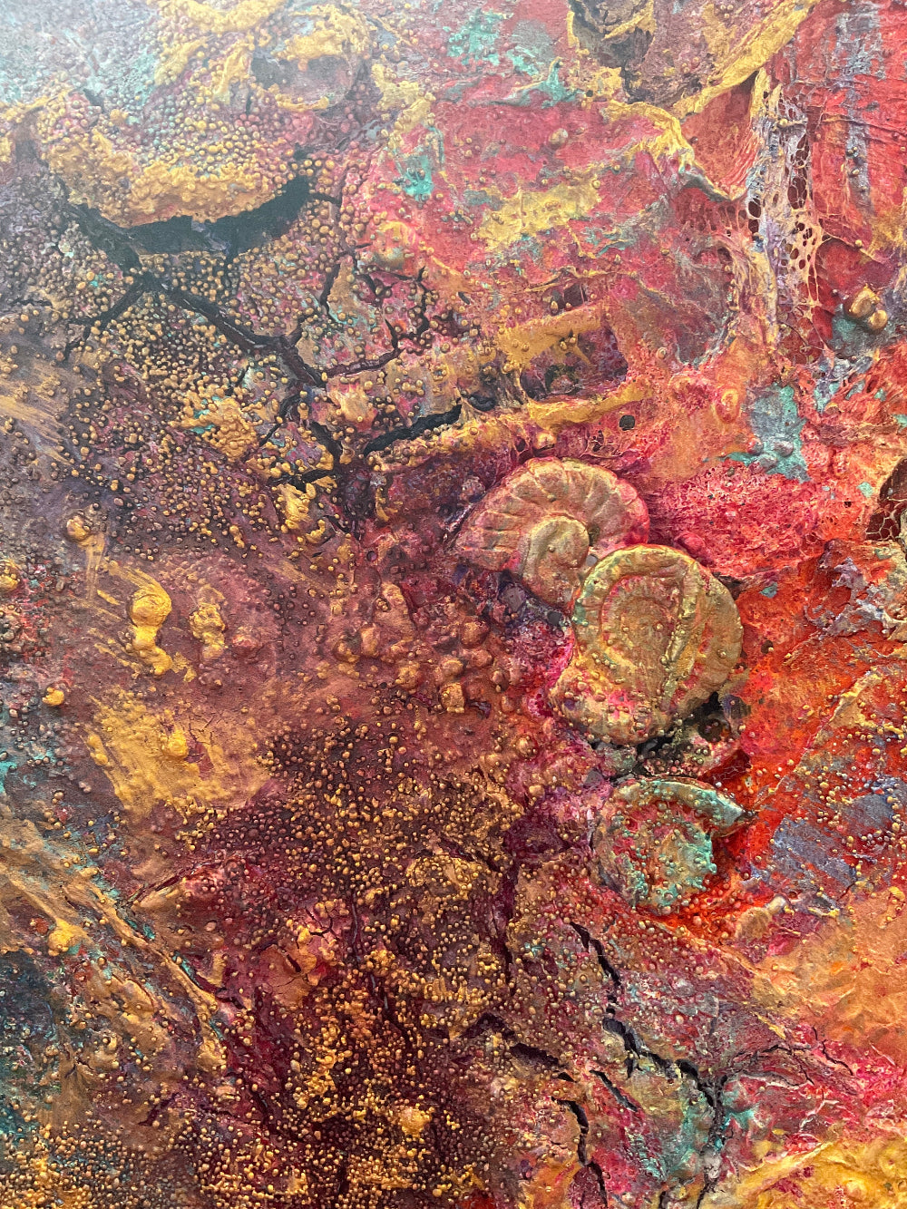 Fragments_of_light_mixed_media_with_powertex_and_oilsby_Aferdita_fazliu_-drozd, red blue, teals and gold abstract wall art