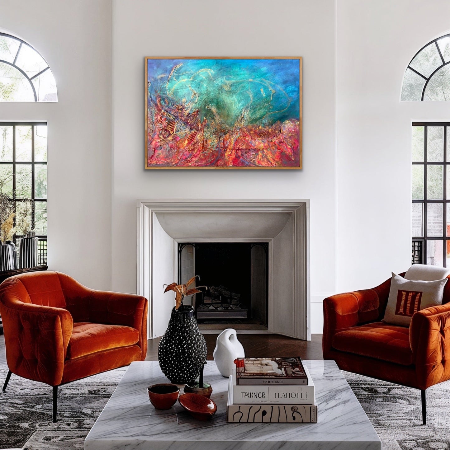 Fragments_of_light_mixed_media_with_powertex_and_oilsby_Aferdita_fazliu_-drozd, red blue, teals and gold abstract wall art