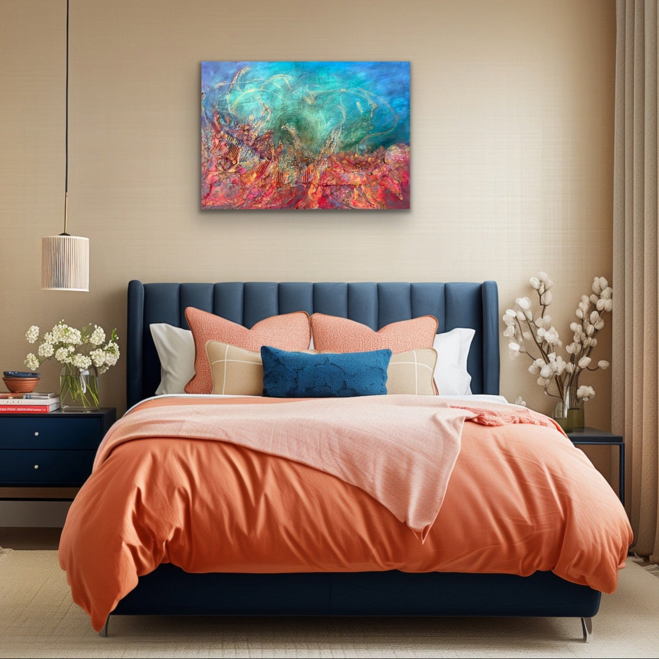 Fragments_of_light_mixed_media_with_powertex_and_oilsby_Aferdita_fazliu_-drozd, red blue, teals and gold abstract wall art