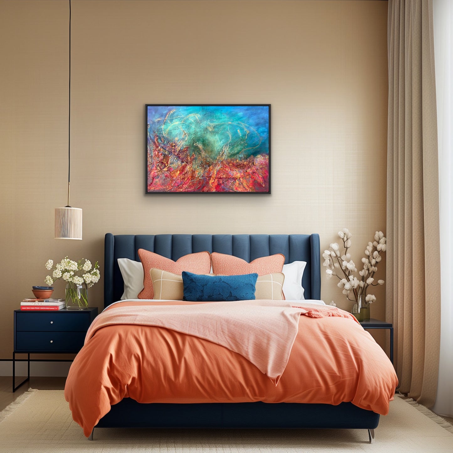 Fragments_of_light_mixed_media_with_powertex_and_oilsby_Aferdita_fazliu_-drozd, red blue, teals and gold abstract wall art