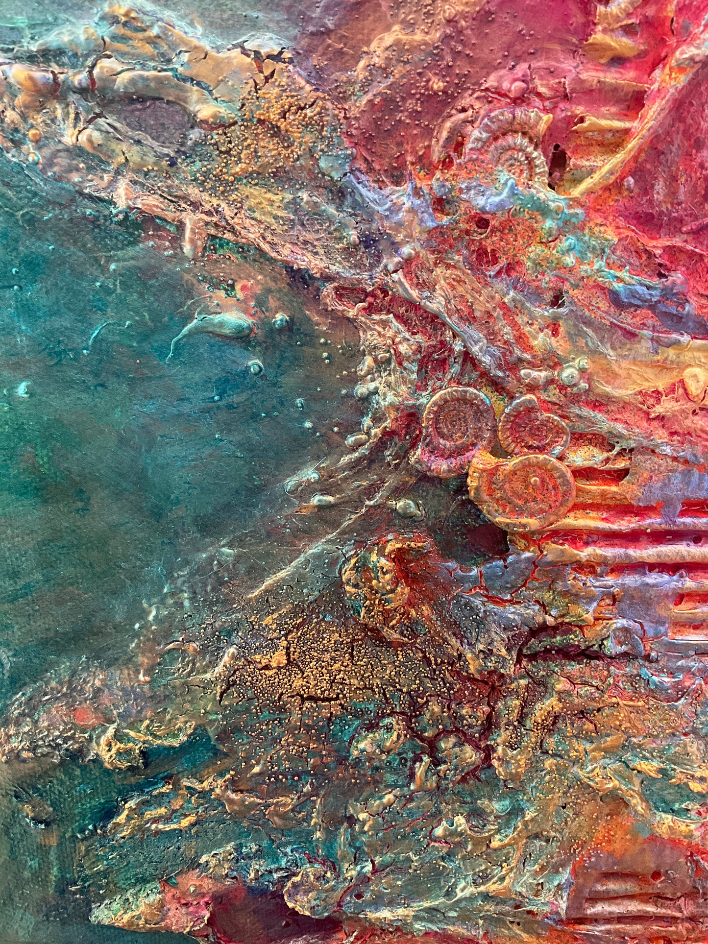 Fragments_of_light_mixed_media_with_powertex_and_oilsby_Aferdita_fazliu_-drozd, red blue, teals and gold abstract wall art
