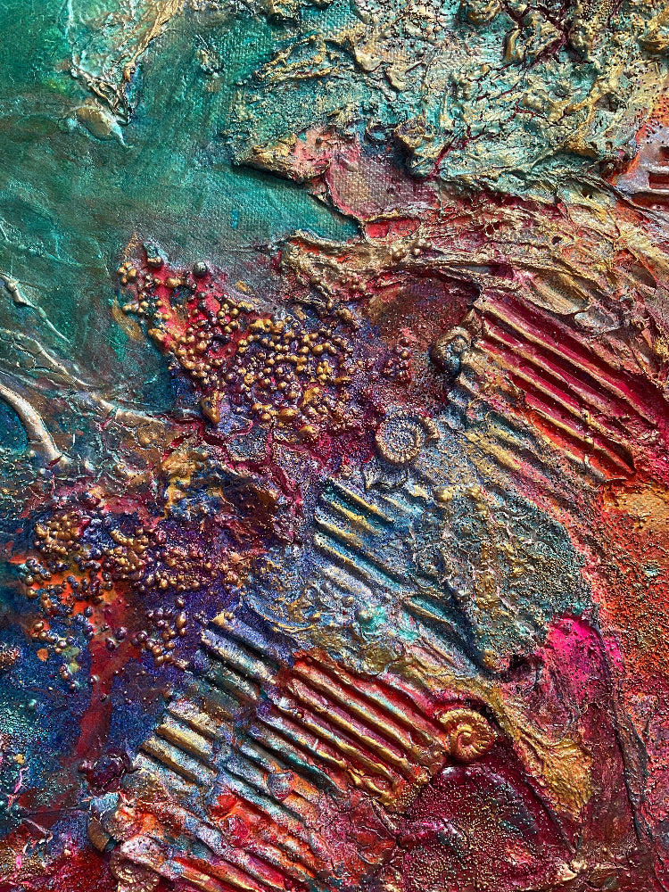 Fragments_of_light_mixed_media_with_powertex_and_oilsby_Aferdita_fazliu_-drozd, red blue, teals and gold abstract wall art