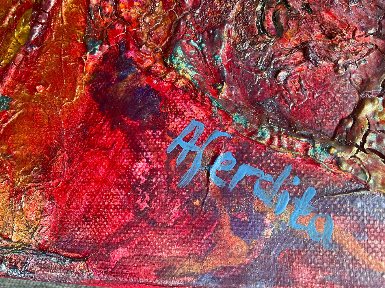 Fragments_of_light_mixed_media_with_powertex_and_oilsby_Aferdita_fazliu_-drozd, red blue, teals and gold abstract wall art