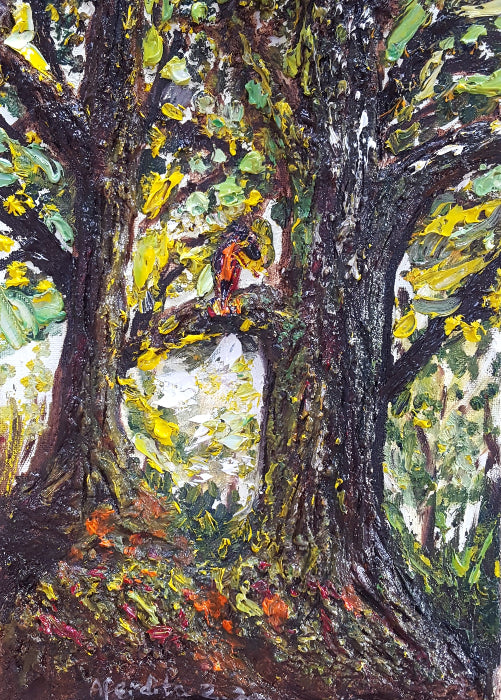 abstracted textured two trees and an owl sitting on a branch