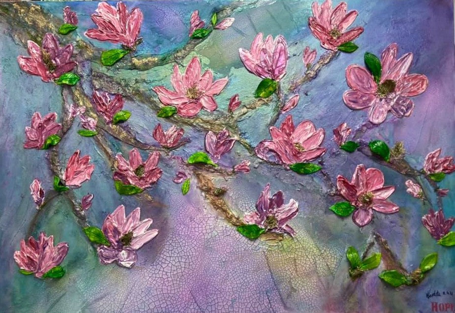 Magnolia textured painting called Hope, depicting new spring start and hope for better days by Fazliu-Drozd artist and art tutor from Bromley