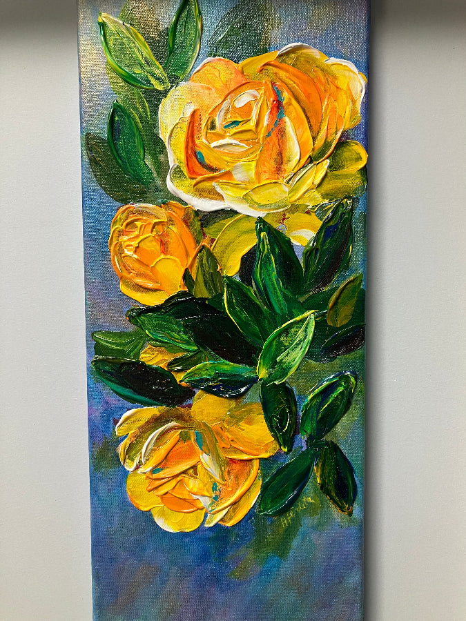 Yellow impasto roses on a vertical canvas perfect for small spaces