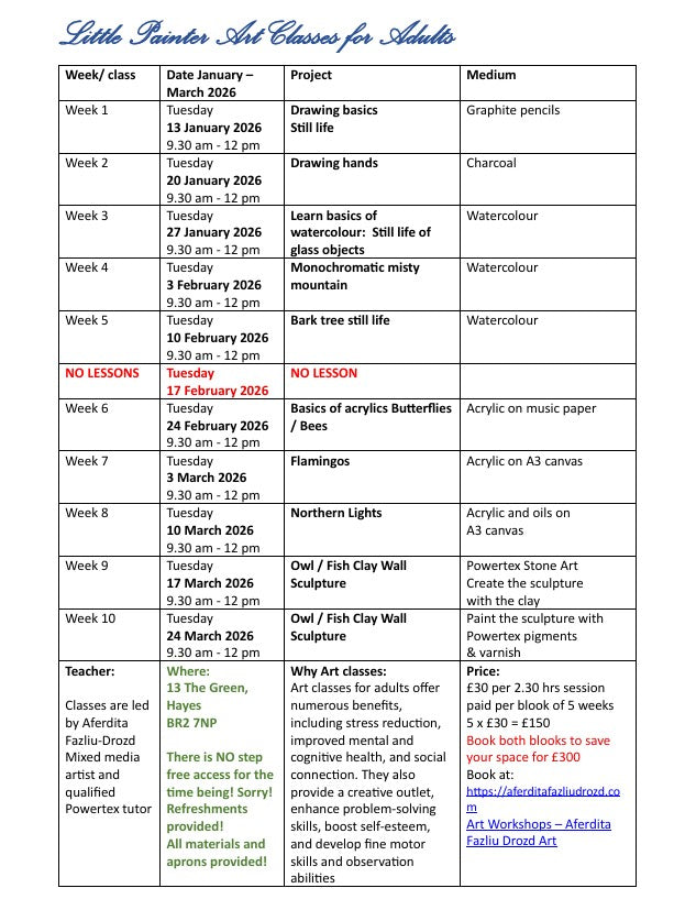 Weekly Adult Art Classes – January to March 2026