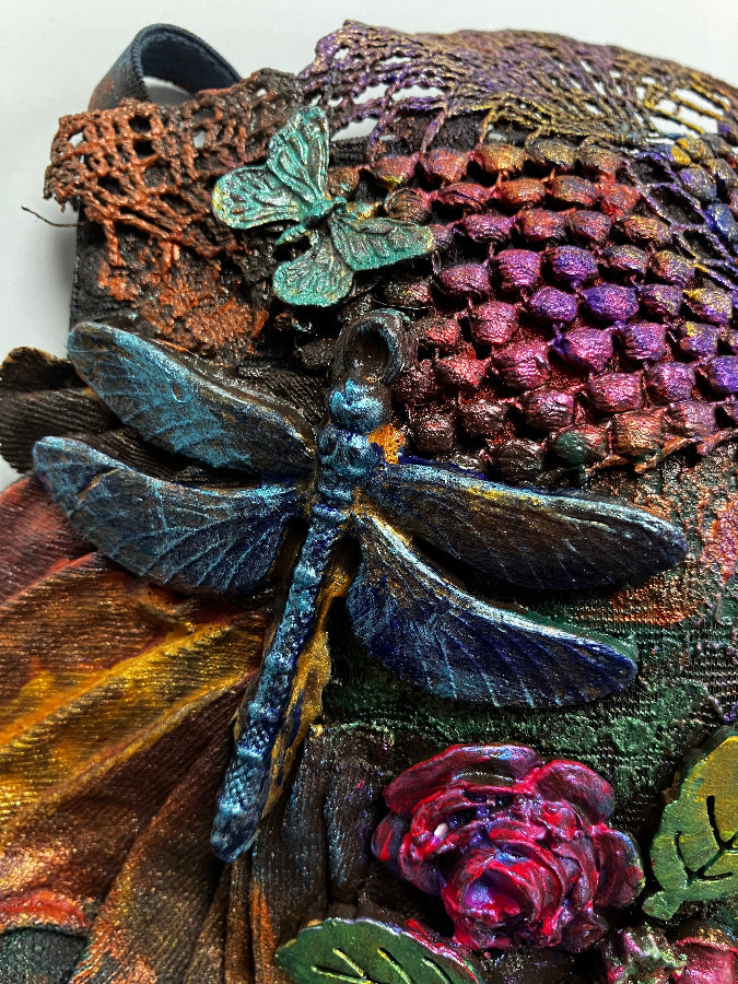 powertex embellishment of dragonfly with lots of texture on th background, fabric sculpting bra workshop to raise money for cancer research