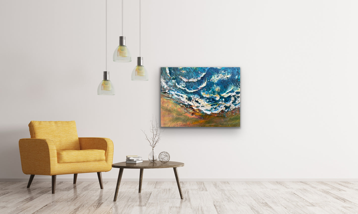 waves crashing onto a beach mixed media painting
