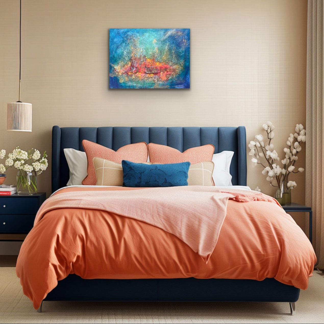 mixed media with a red / orange and gold textured focal point surrounded with a blue turquoise background.