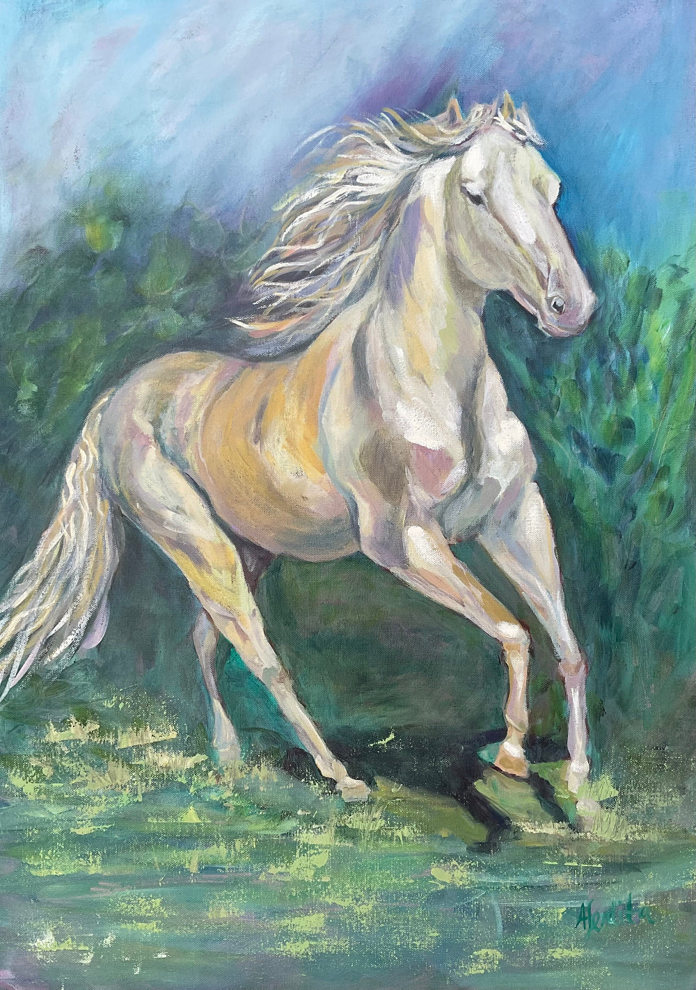 White horse running and free