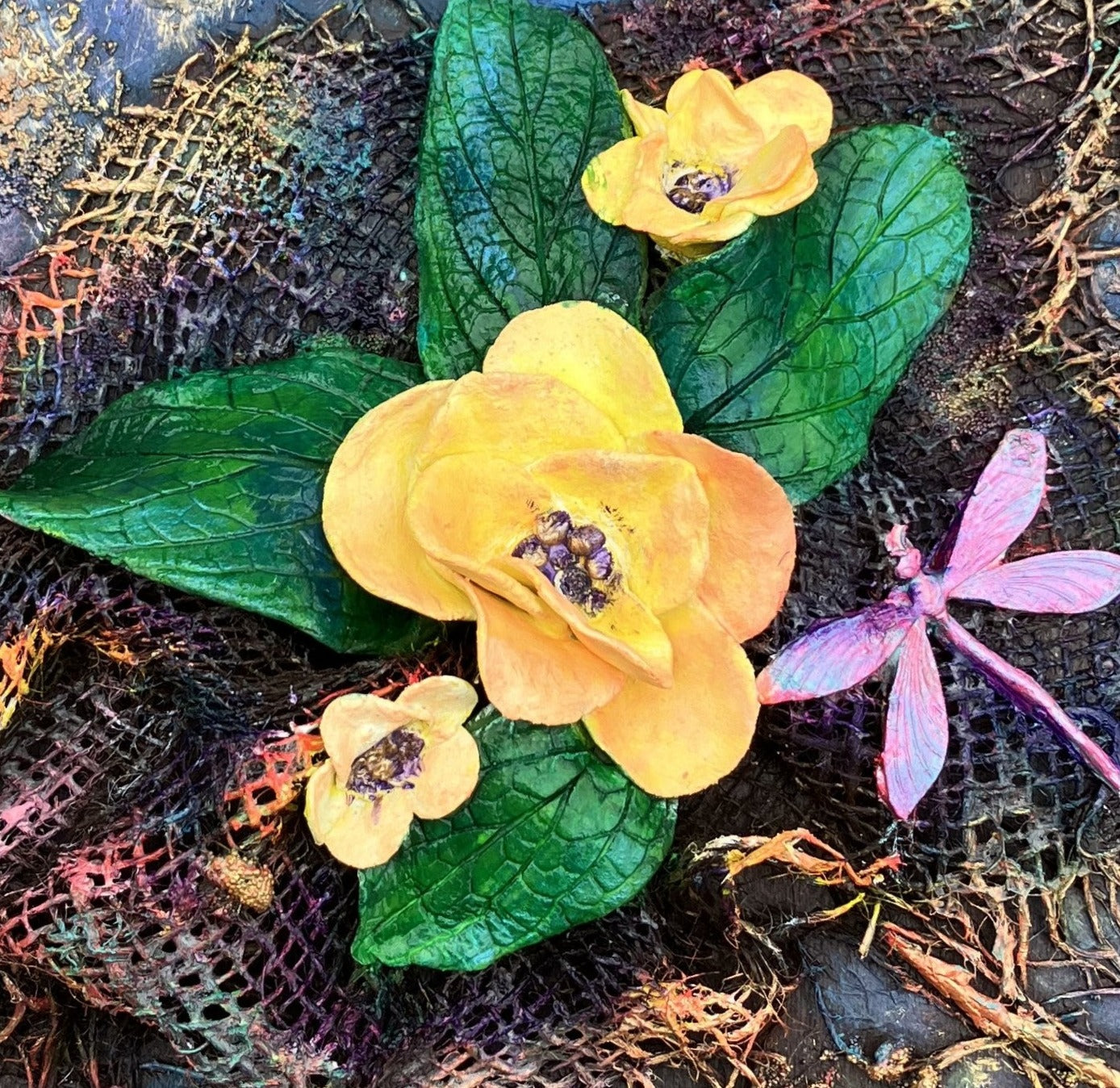 PetalsofNostalgiaRoseReverie_hand sculpted powertex flowers on canvas by aferdita, bromley based artist and art tutor
