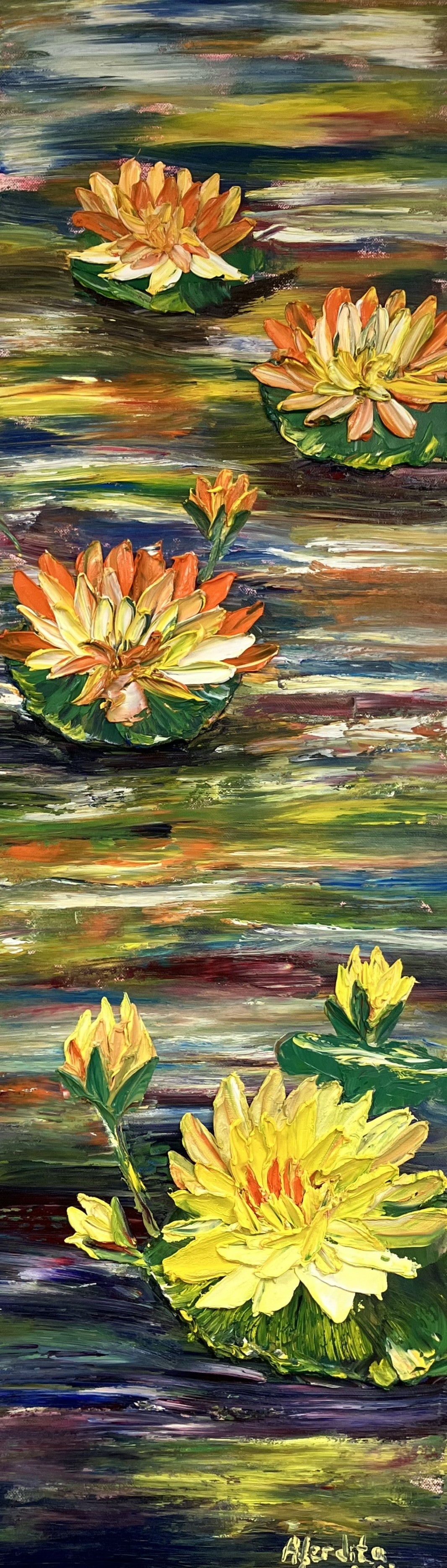 Yellow orange waterlilies original oil painting by aferdita fazliu drozd, bromley artist and art teacher
