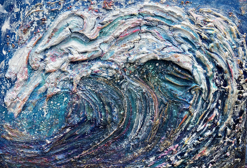 Seascape Hokusai inspired large 3d wave created with plaster compound, Powertex and acrylic. Textures to live wiith