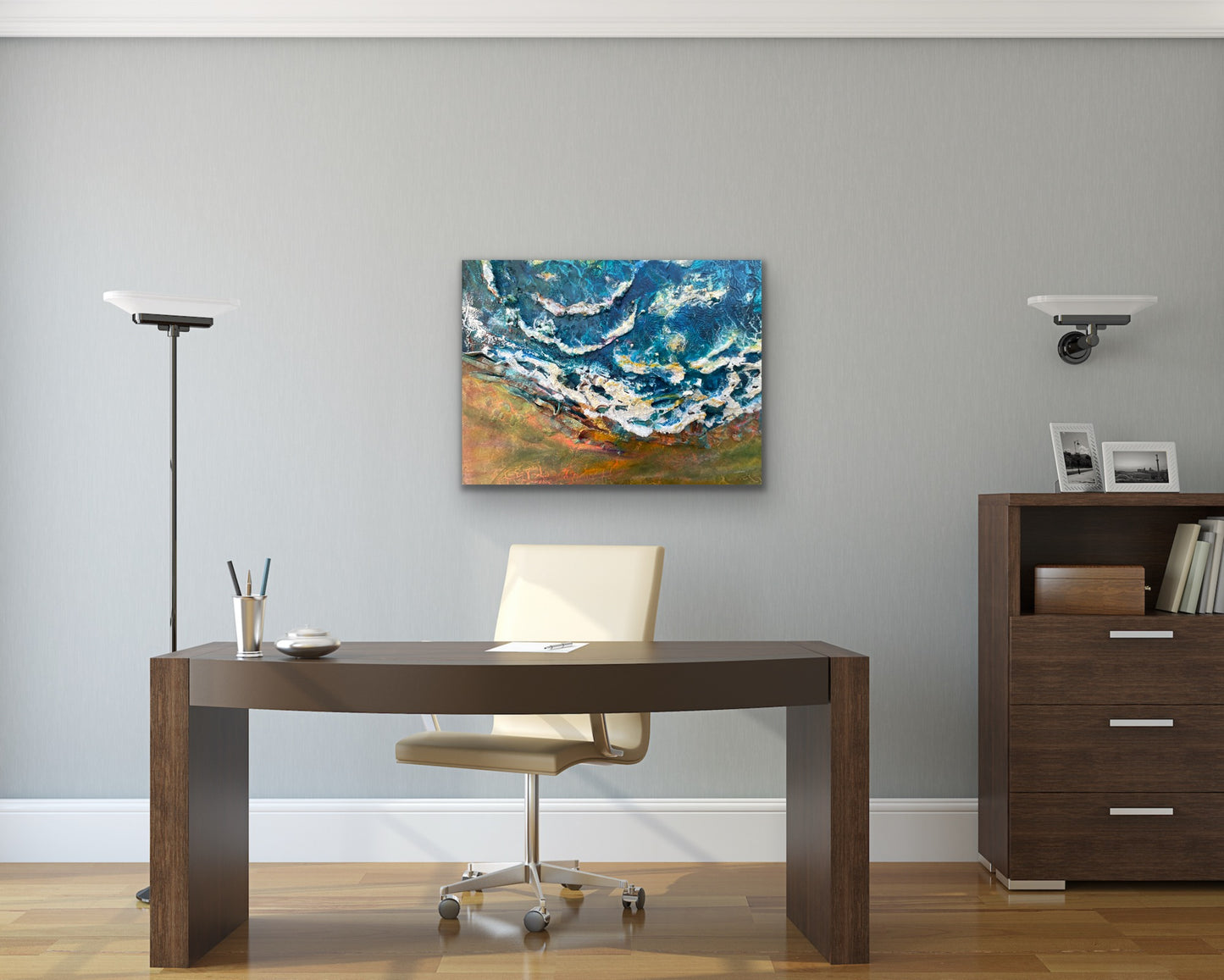 Waves crashing into the sandy beach mixed media painting
