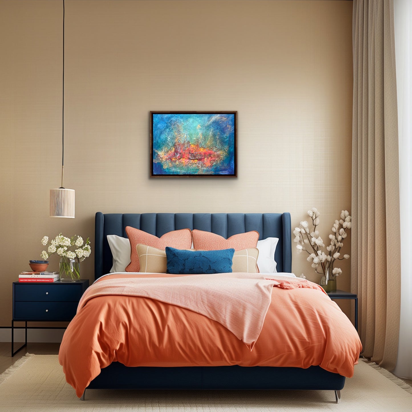 mixed media with a red / orange and gold textured focal point surrounded with a blue turquoise background.