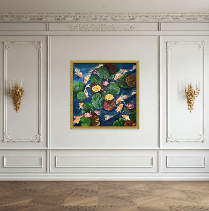 orange and pink waterlilies and koi fish original oil painting by aferdita fazliu drozd