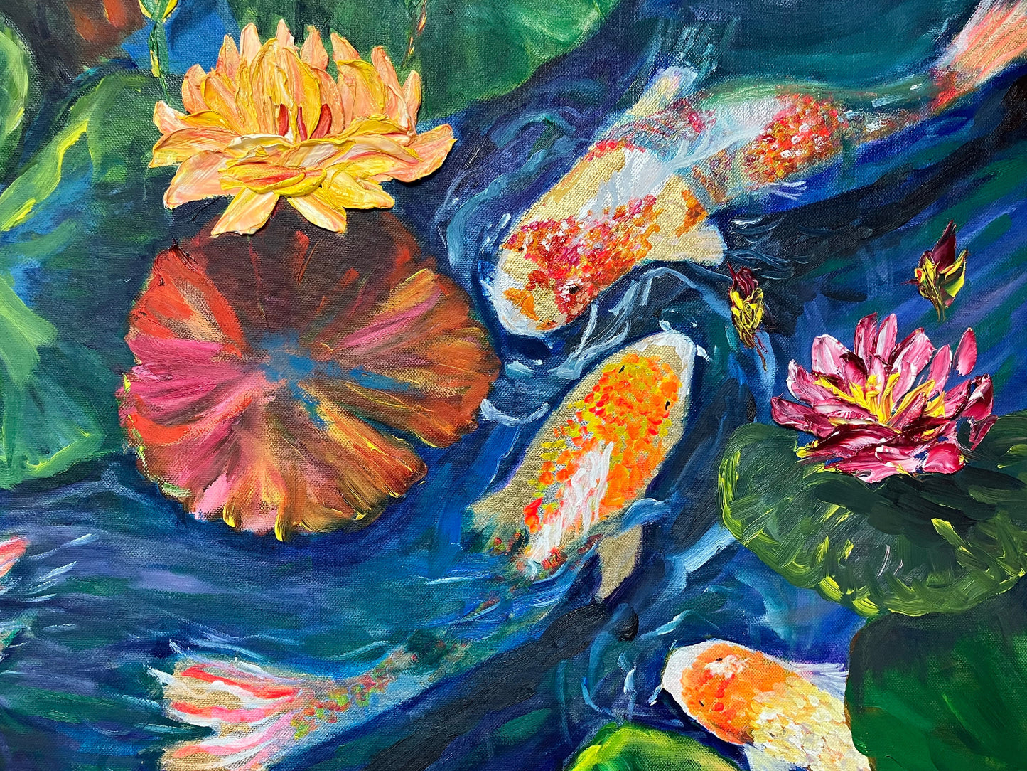 orange and pink waterlilies and koi fish original oil painting by aferdita fazliu drozd