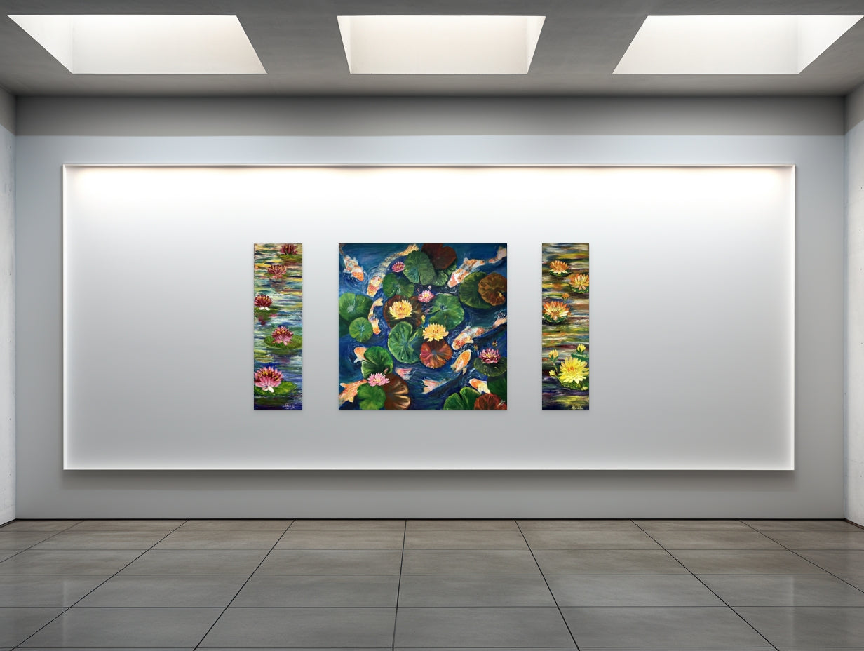 three paintings of waterlilies and koi fish