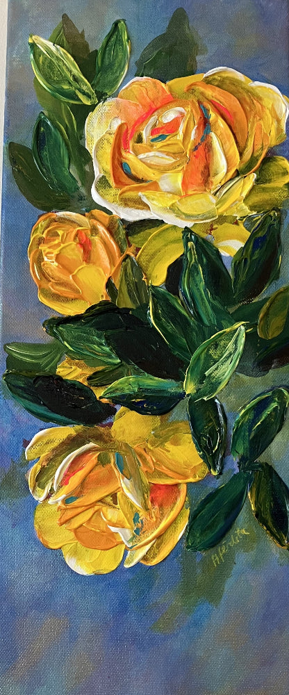 yellow roses on a blue background rectangular vertical canvas