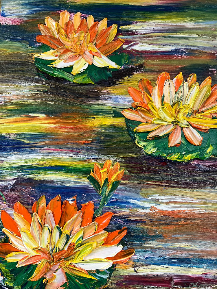 Yellow orange waterlilies original oil painting by aferdita fazliu drozd, bromley artist and art teacher