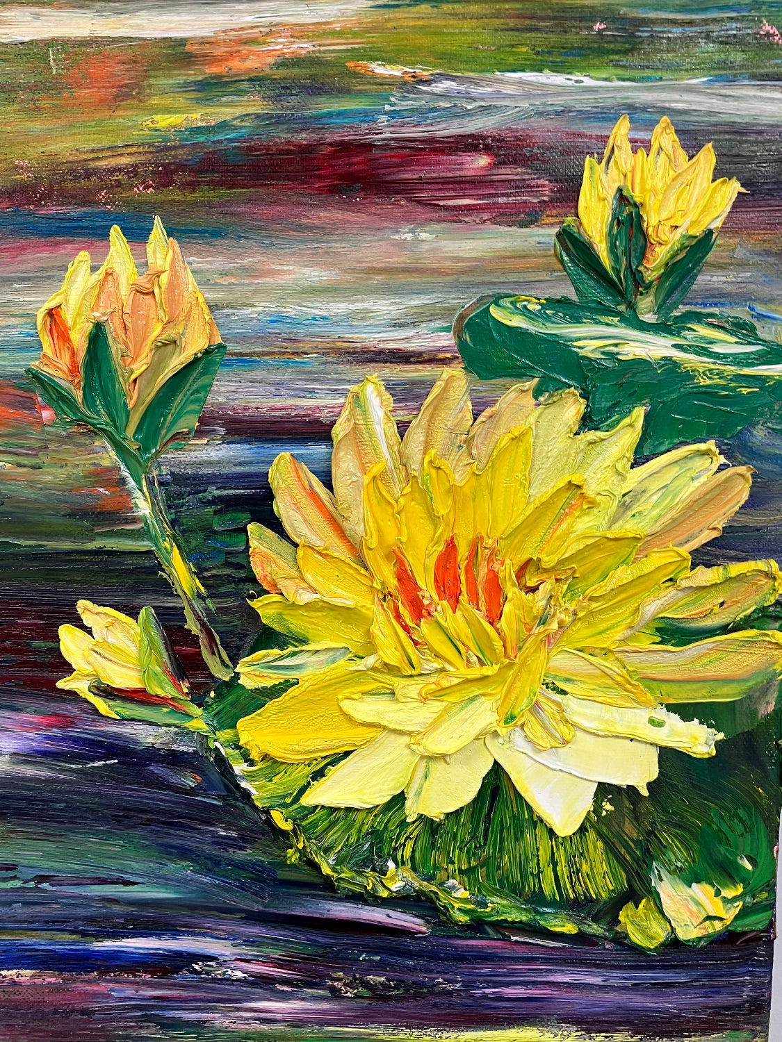 Yellow waterlilies ReflectionsofSerenity oil painting of waterlilies and koi fish by aferdita fazliu drozd bromley artist and art tutor
