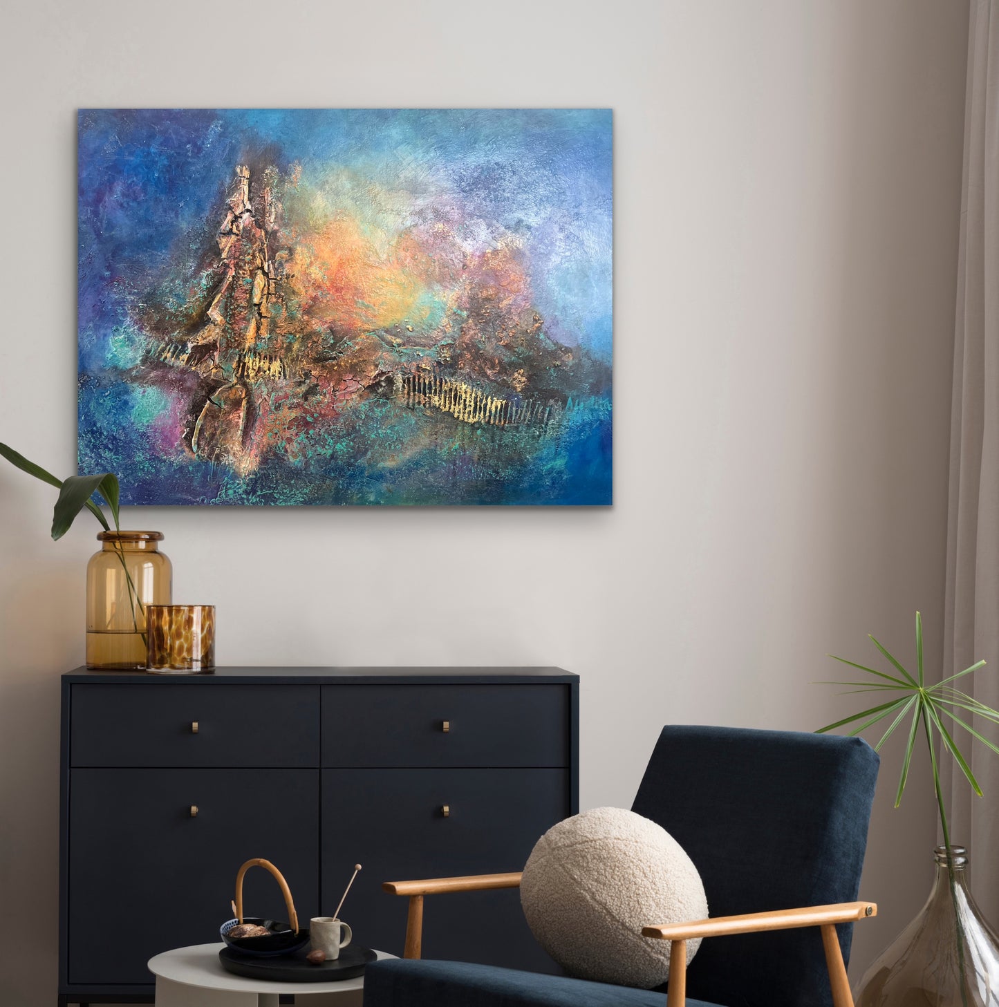mixed media with powertex blue red and warm golds