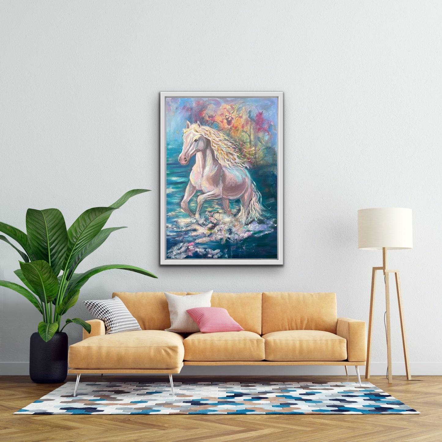 White horse with wavy mane oil painting