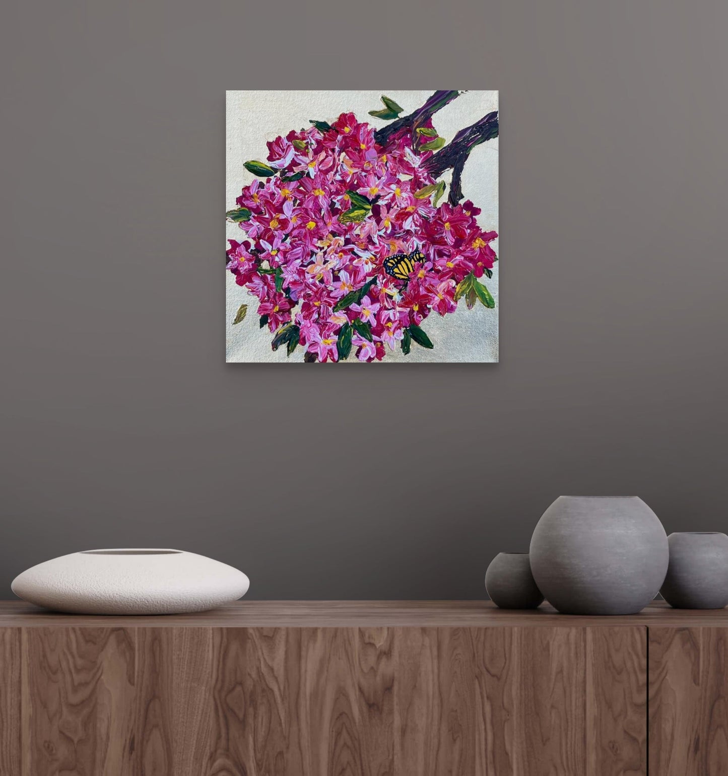 cherry blossom and a butterfly on golden leaf background by Aferdita Fazliu Drozd, Artist and art tutor