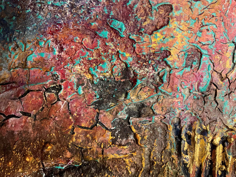 mixed media abstract art in red, orange and gold with turquoise