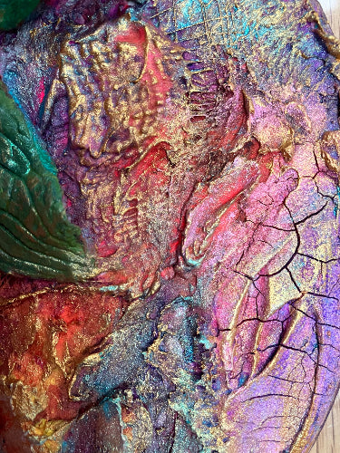 ATapestryofRoses sculpted flowers on a round canvas artwork by Aferdita Fazliu Drozt, Bromley based mixed media artist and tutor