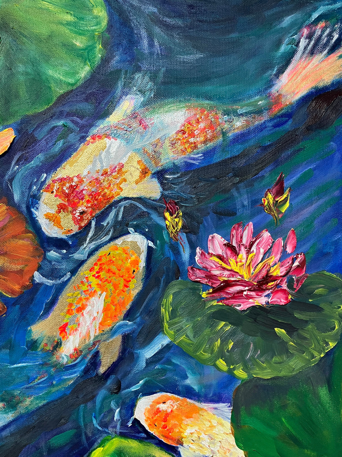 orange and pink waterlilies and koi fish original oil painting by aferdita fazliu drozd