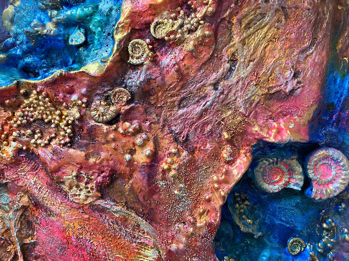 textured 3d abstract red, gold and blue