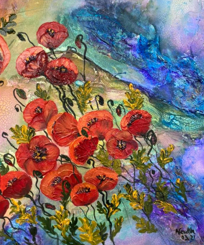 liveandrelax Poppies painting on a blue purple background by Aferdita Fazliu Drozd artist and art tutor from Bromley, Kent