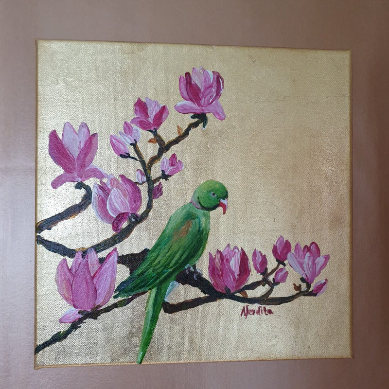 mixed media magnolia and parrakeet on a gold leaf background by Aferdita FAzliu-Drozd, Bromley Artist and art tutor at Little Painter Art classes