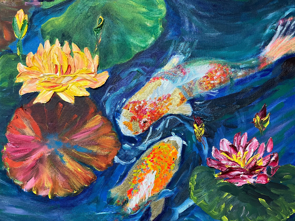 orange and pink waterlilies and koi fish original oil painting by aferdita fazliu drozd