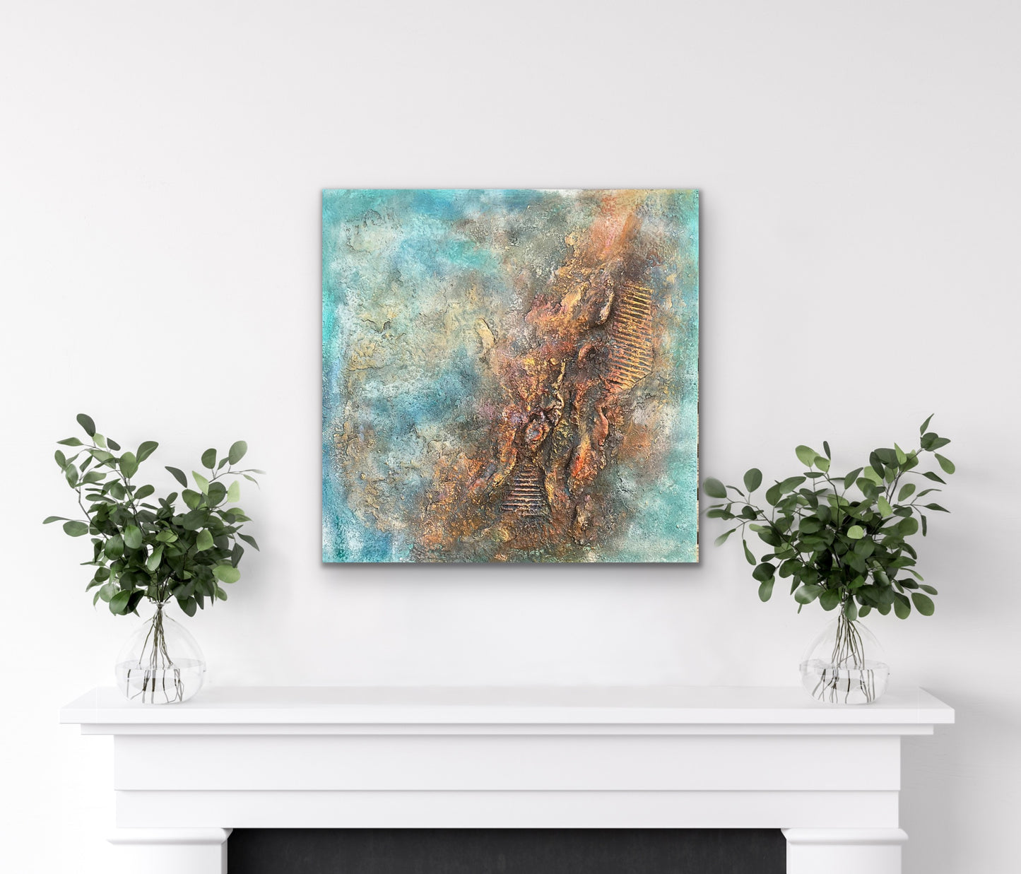 mixed media abstract expressionistic artwork with powertex in teal, red and gold palate