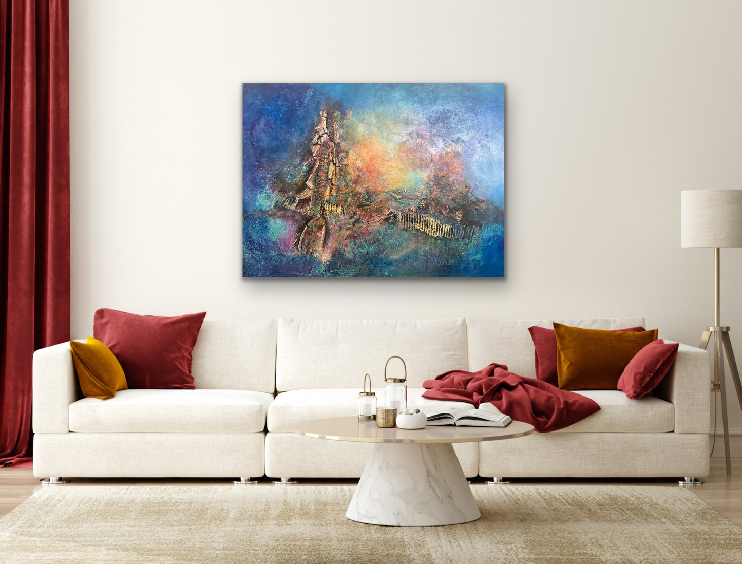 textured abstract painting inspired by nature blue background with brown textures highlighted with red, orange and gold. sun peaking through the blue sky