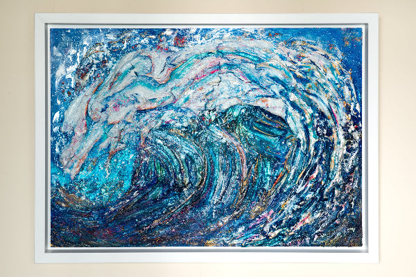 wave after wave 3d sculptural and textured abstract painting by Aferdita Fazliu-Drozd, Artist. This painting is framed with a wooden chunky white frame for greater impact