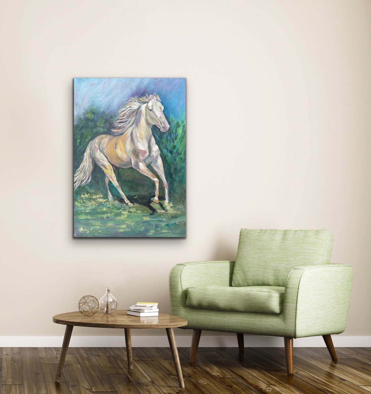 White horse mixed media painting