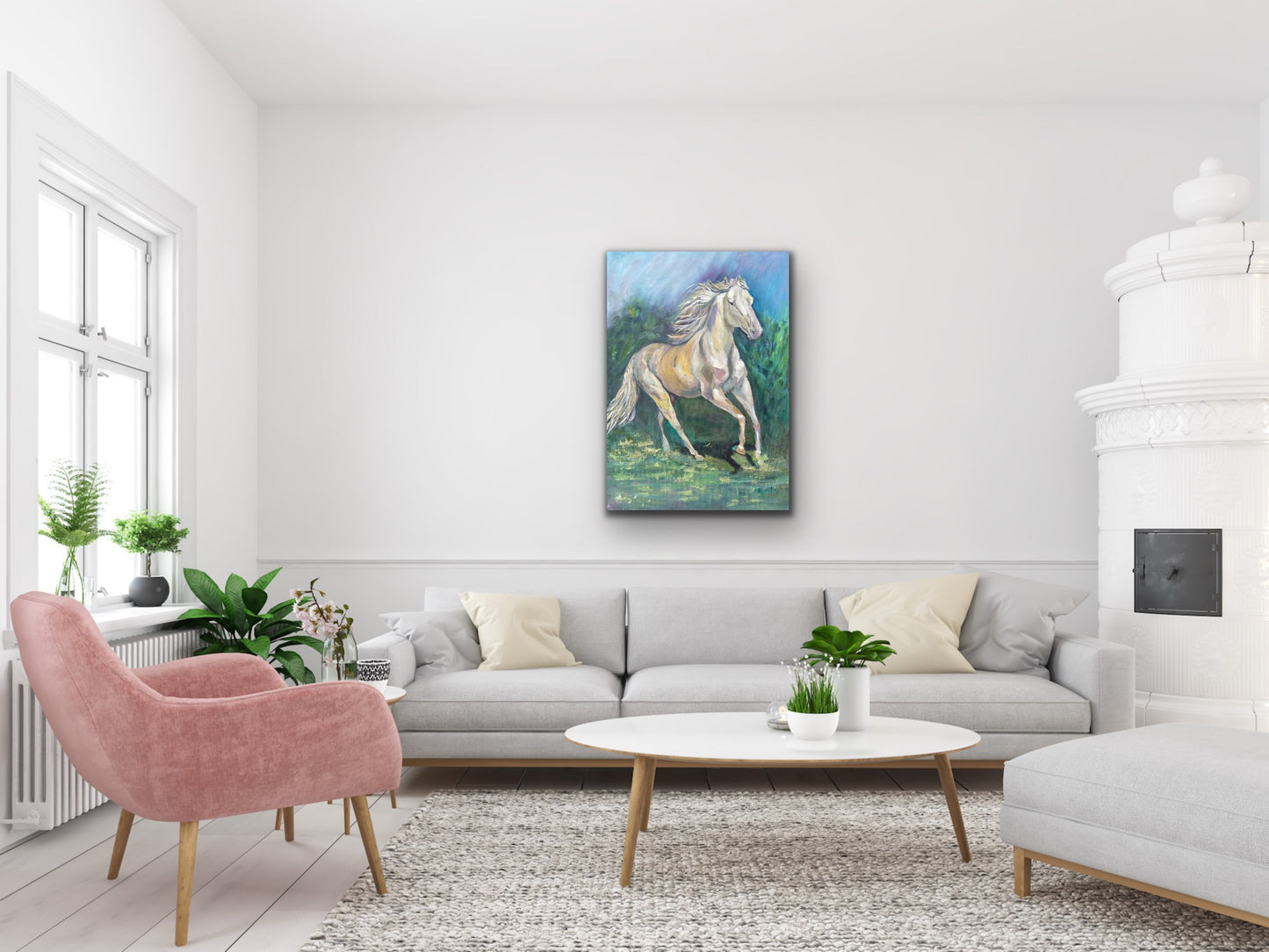 Oil painting of a white horse