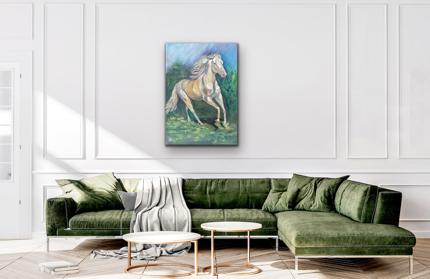 White horse galloping on a field of green grass painting