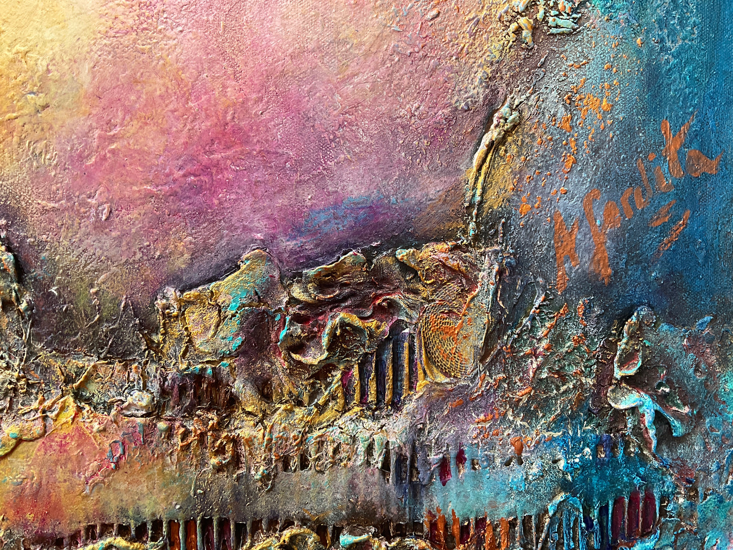 Abstract artwork with textured surface and multicolor palette